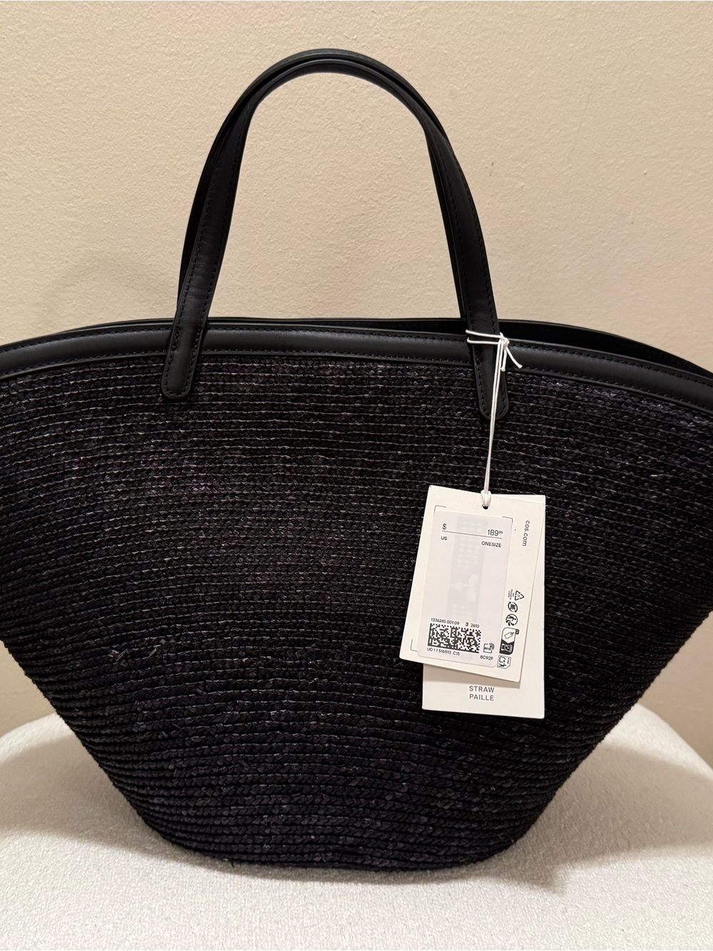 COS SALTWATER Straw Tote Bag - Black - Fully Lined w/ Genuine Black Leather Trim - Picture 7 of 8